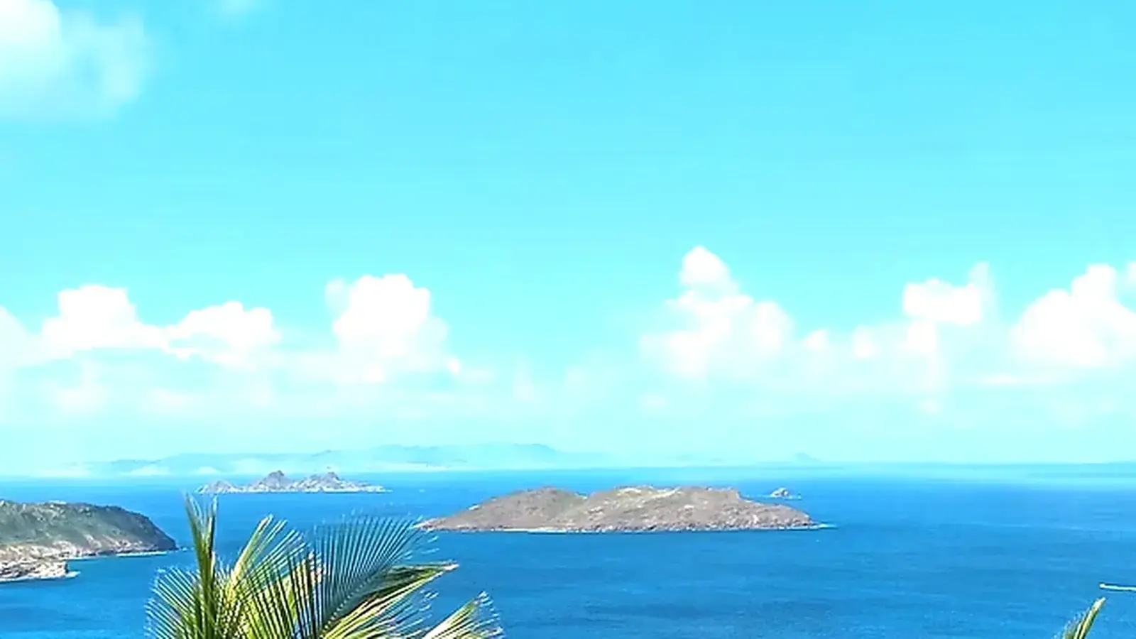 A calm turquoise sea and the islets off the coast, framed by palm fronds