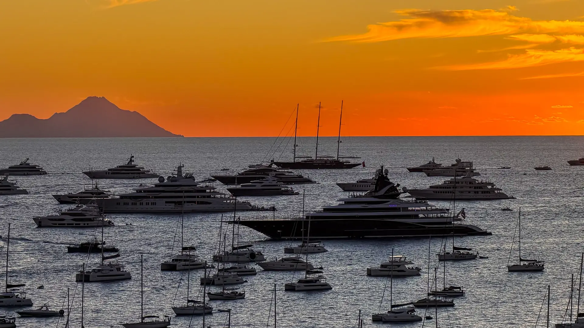 Yachts at anchor in Gustavia harbour at sunset, Saint-Barthélemy