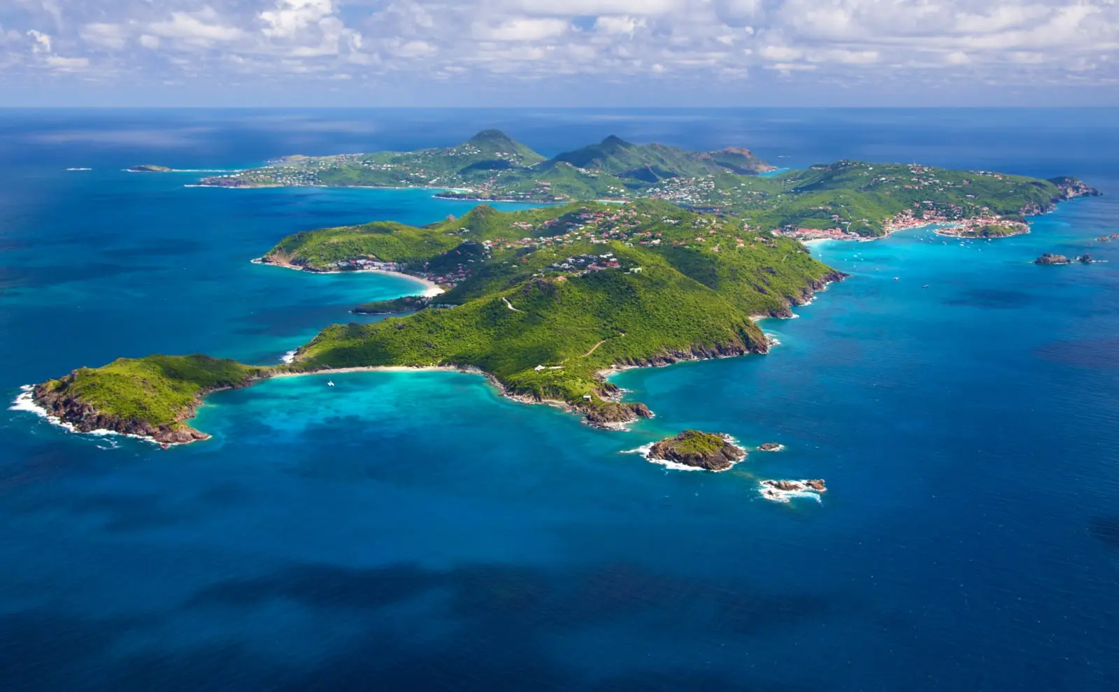 Aerial view of Saint-Barthélemy and its turquoise bays