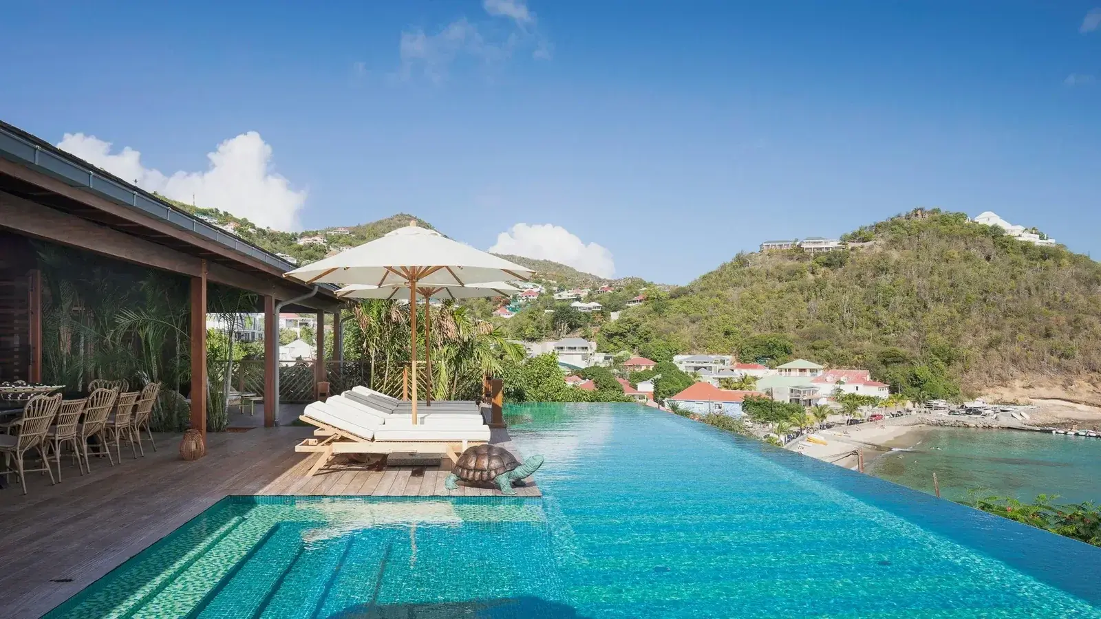 A villa pool above the bay of Corossol, boats at anchor below